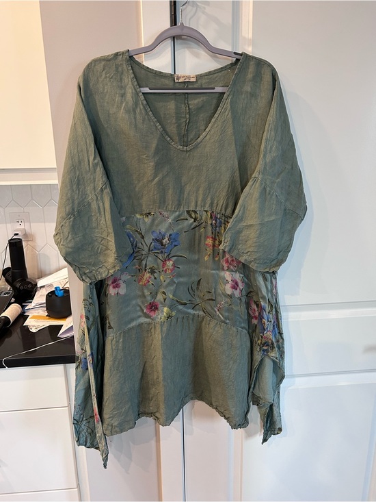 100% Pure Dresses & Skirts - Italian Artisan Green Floral LinenTunic Dress Botanical Print Boho Cottagecore